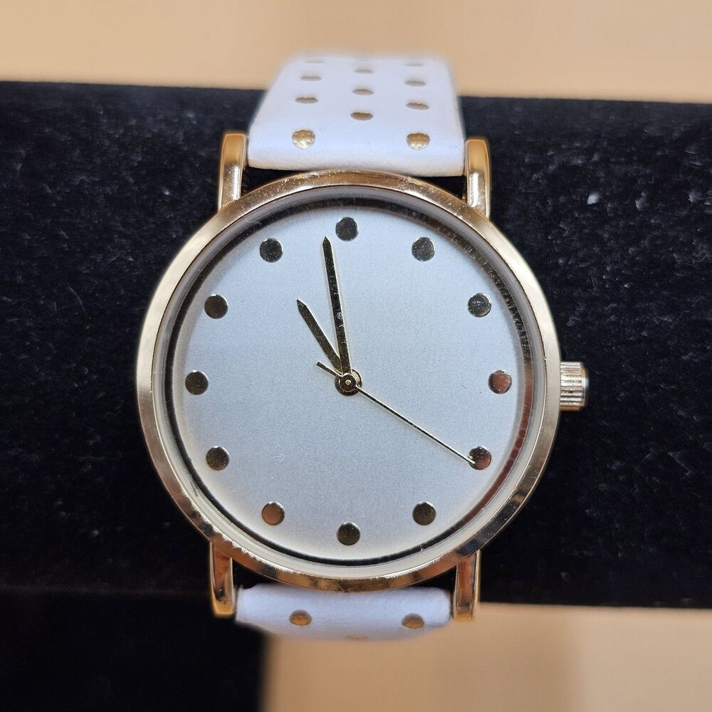 Vintage Ladies White Dial Gold Polkadot Quartz Watch New Battery Adjustable Band